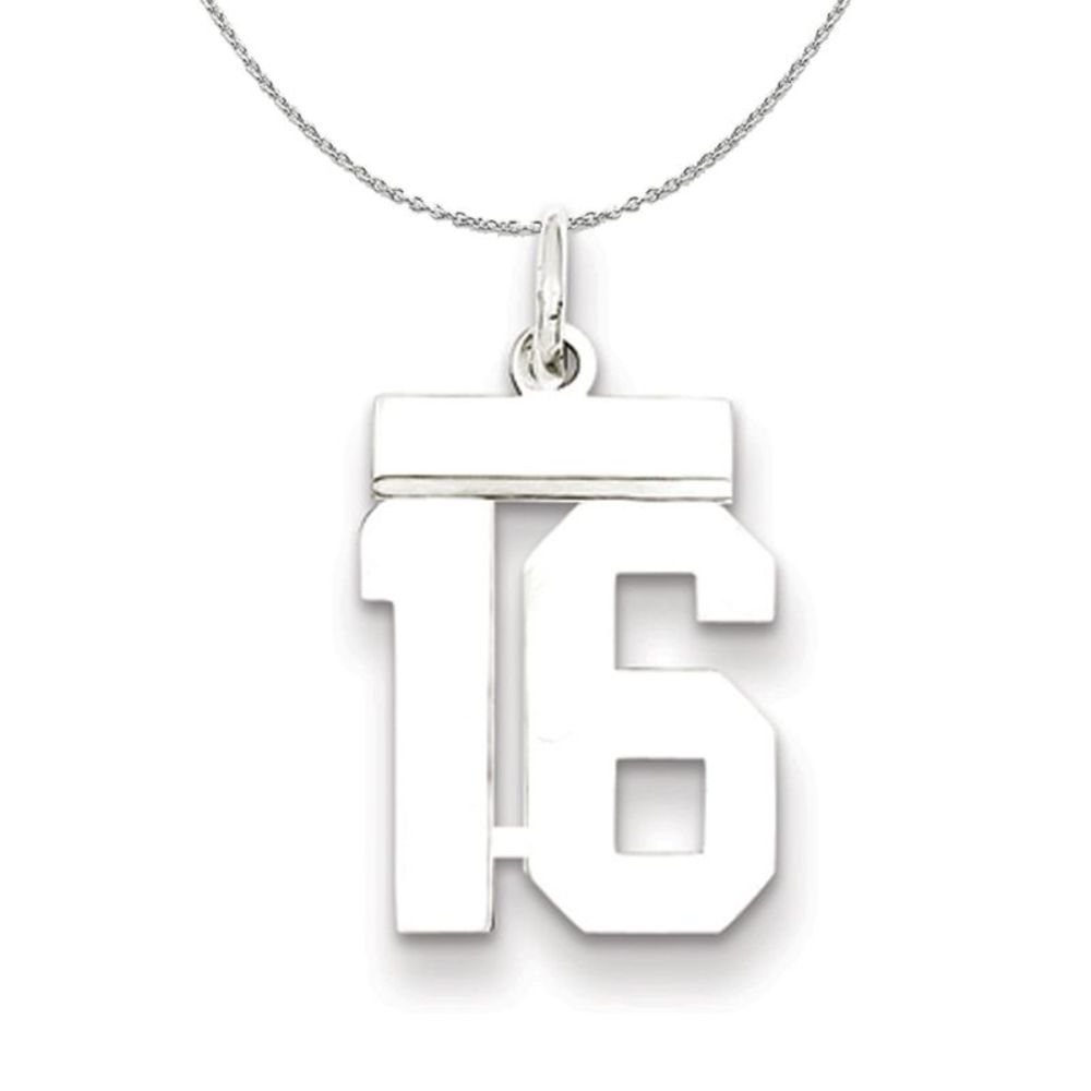 Silver, Athletic Collection Medium Polished Number 16 Necklace - 18 In